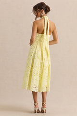 Maribel | Lemon Lace Plunge-Neck Midi Dress