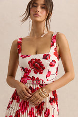 Danika | Hot Pink Floral Print Square-Neck Belted Maxi Dress With Pleated Skirt