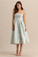 Tori | Powder Blue Jacquard Bandeau Skater Midi Dress