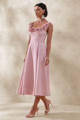Maelle | Pink Scoop-Neck Midi Dress With Corsage Detailing