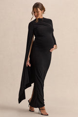 Lavinia | Black High-Neck Maternity Maxi Dress With Cape-Sleeve