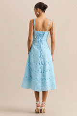 Anna | Embroidered Powder Blue Square-Neck Midi Dress