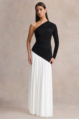 Danila | Black And White Asymmetric-Neck Maxi Dress With Drop-Waist