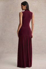 Gigi | Burgundy High-Neck Maxi Dress With Drop-Waist And Sheer Skirt