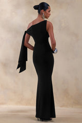 Vista | Black Asymmetric-Neck Maxi Dress With Knot-Sleeve Detail