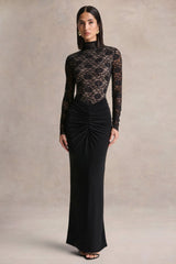 Justina | Black High-Neck Maxi Dress With Gathered-Detailing