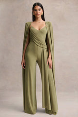 Labina | Green Plunge-Neck Jumpsuit With Cape-Sleeves