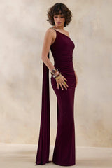 Bettine | Burgundy Asymmetric-Neck Maxi Dress With Cape-Sleeve