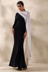 Dabria | Black And White Asymmetric-Neck Maxi Dress With Cape-Sleeve