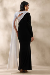Dabria | Black And White Asymmetric-Neck Maxi Dress With Cape-Sleeve