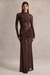 Akira | Brown Lace Maxi Dress With Sash-Detail