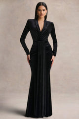 Halima | Black Velvet Plunge-Neck Maxi Dress With Gathered Detailing