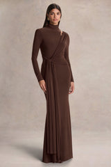 Alastrina | Brown High-Neck Maxi Dress With Gathered-Detailing