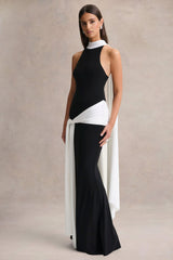 Dorinda | Black And White High-Neck Maxi Dress With Drape And Scarf-Detail