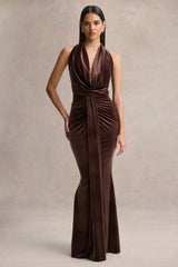 Lavernia | Brown Velvet Halter-Neck Maxi Dress With Gathered-Detailing