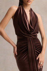 Lavernia | Brown Velvet Halter-Neck Maxi Dress With Gathered-Detailing