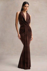 Lavernia | Brown Velvet Halter-Neck Maxi Dress With Gathered-Detailing