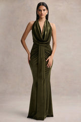 Lavernia | Olive Velvet Halter-Neck Maxi Dress With Gathered-Detailing