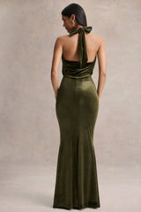 Lavernia | Olive Velvet Halter-Neck Maxi Dress With Gathered-Detailing