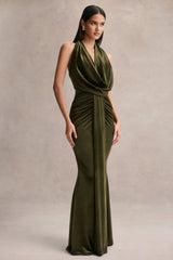 Lavernia | Olive Velvet Halter-Neck Maxi Dress With Gathered-Detailing