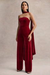 Arcane | Burgundy Velvet Bandeau Jumpsuit With Scarf
