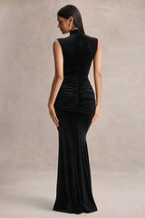 Idalina | Black Velvet High-Neck Maxi Dress With Gathered-Detailing