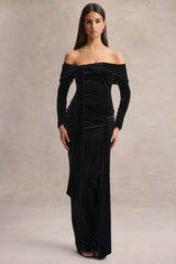 Jessara | Black Bardot-Neck Maxi Dress With Knot-Details