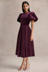 Seraphic | Burgundy Velvet Puff-Sleeve Midi Dress