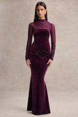 Cambria | Plum Velvet High-Neck Maxi Dress With Draped-Detailing