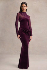 Cambria | Plum Velvet High-Neck Maxi Dress With Draped-Detailing