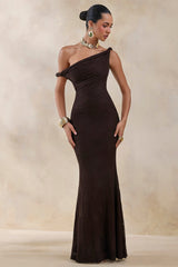 Afina | Brown Lace Asymmetric-Neck Maxi Dress