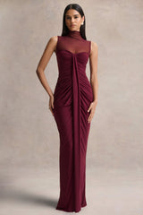 Brialle | Burgundy High-Neck Maxi Dress With Mesh And Gathered-Detailing
