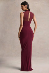 Brialle | Burgundy High-Neck Maxi Dress With Mesh And Gathered-Detailing