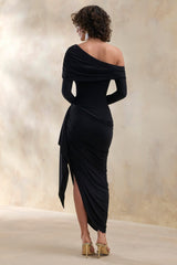 Franca | Black Asymmetric-Neck Midi Dress With Draped And Gathered Detailing