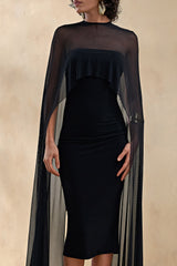 Filippa | Black Crew-Neck Midi Dress With Sheer Cape-Sleeves