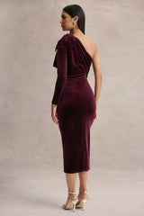 Vespera | Burgundy Velvet Asymmetric Neck Midi Dress With Bow Detail