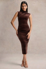 Novine | Brown Velvet High-Neck Midi Dress