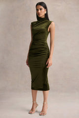 Novine | Olive Velvet High-Neck Midi Dress