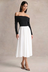 Frederica | Black And White Bardot-Neck Midi Dress