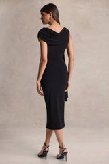 Mirelda | Black Asymmetric-Neck Midi Dress With Gold-Detail