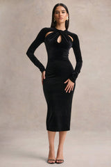 Francine | Black Velvet Round-Neck Midi Dress With Cut-Out Details