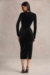 Francine | Black Velvet Round-Neck Midi Dress With Cut-Out Details