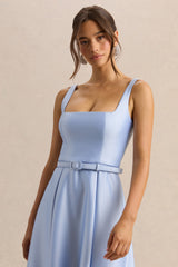 Crystaline | Powder Blue Satin Square-Neck Midi Dress