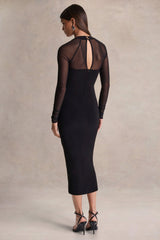 Rosetta | Black Sweetheart-Neck Midi Dress With Sheer-Sleeves