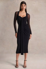 Rosetta | Black Sweetheart-Neck Midi Dress With Sheer-Sleeves