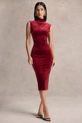 Nivina | Red Velvet High-Neck Midi Dress With Cap-Sleeves