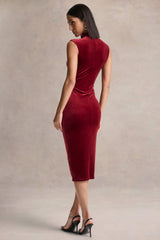 Nivina | Red Velvet High-Neck Midi Dress With Cap-Sleeves