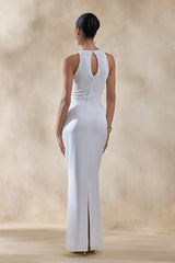 Neria | White Satin And Lace Crew-Neck Maxi Dress With Draped Wrap-Skirt