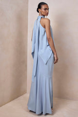 Vayla | Powder Blue Matte Satin Asymmetric Drop-Waist Maxi Skirt