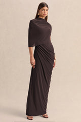 Lunaline | Brown High-Neck Maxi Dress With Asymmetric Cape And Draped-Detailing